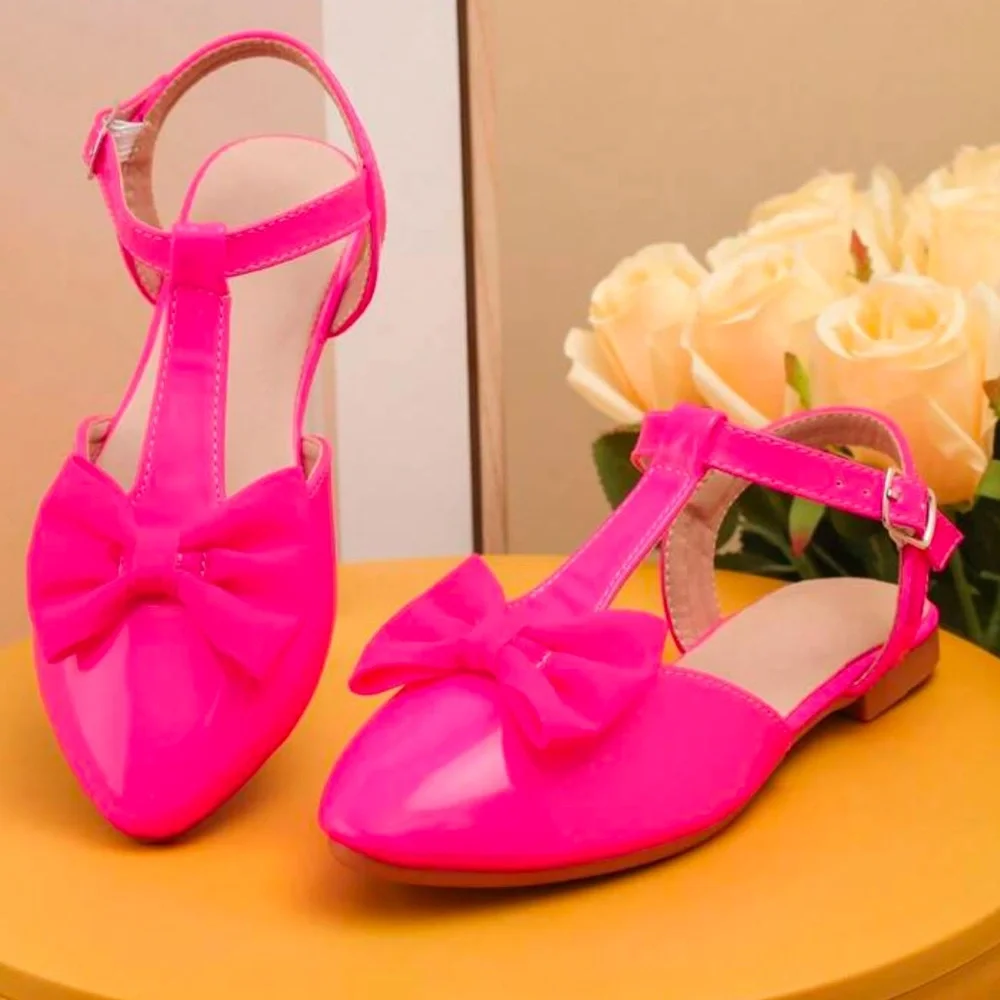Little Girls HOT PINK Bow Decor Point Toe Ankle Strap Party Shoes Size US 1